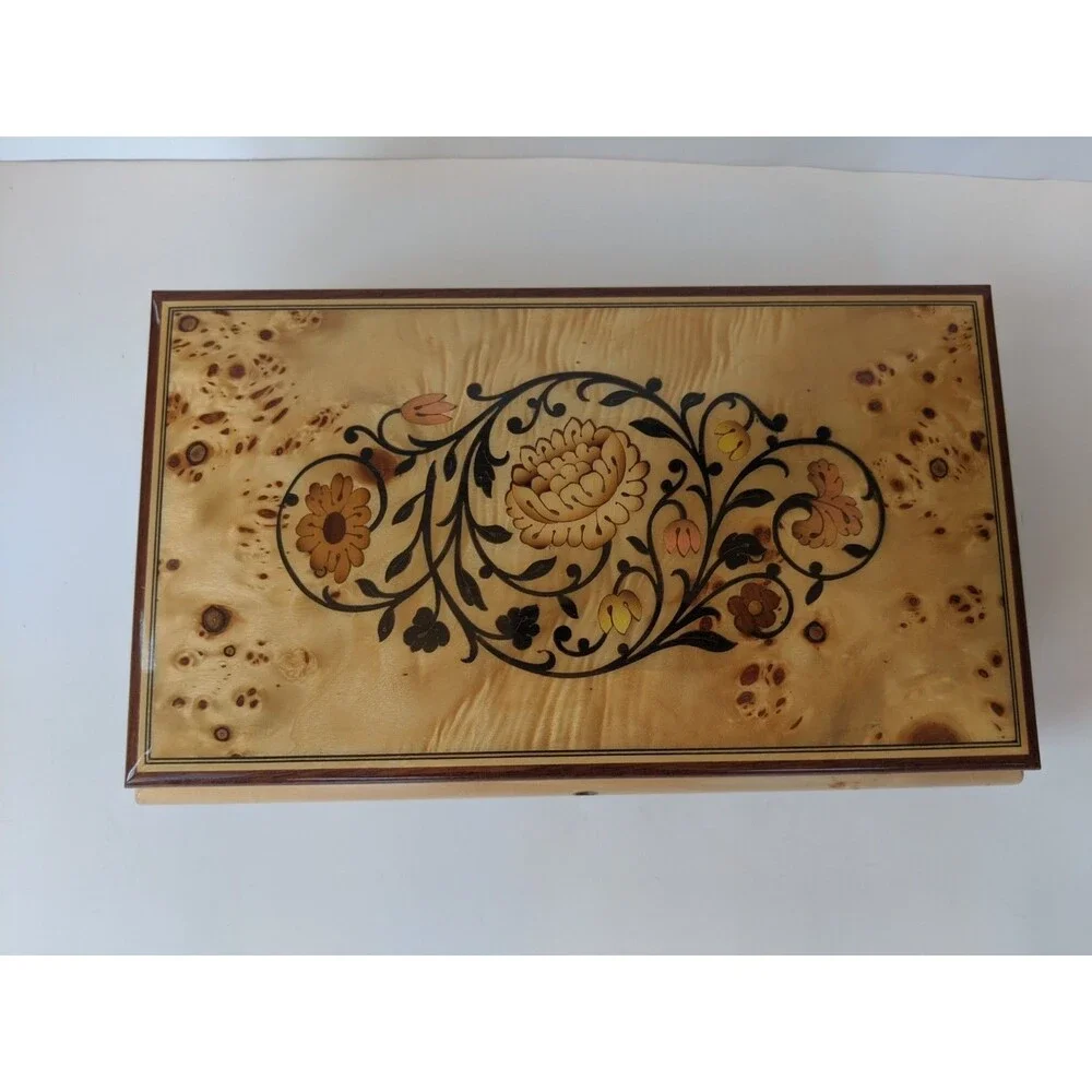 Vtg Reuge Musiceerk Inlaid Wood Music Jewelry Trinket Box 6.5x10 Made In Italy